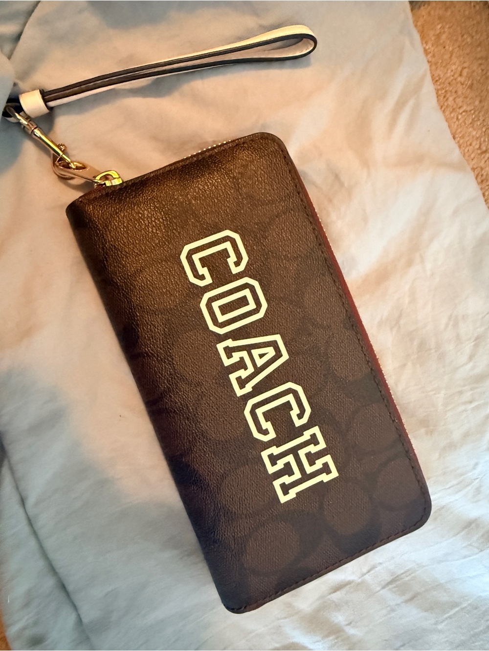 Coach Brown Logo Zip Wristlet Wallet with White Lettering
